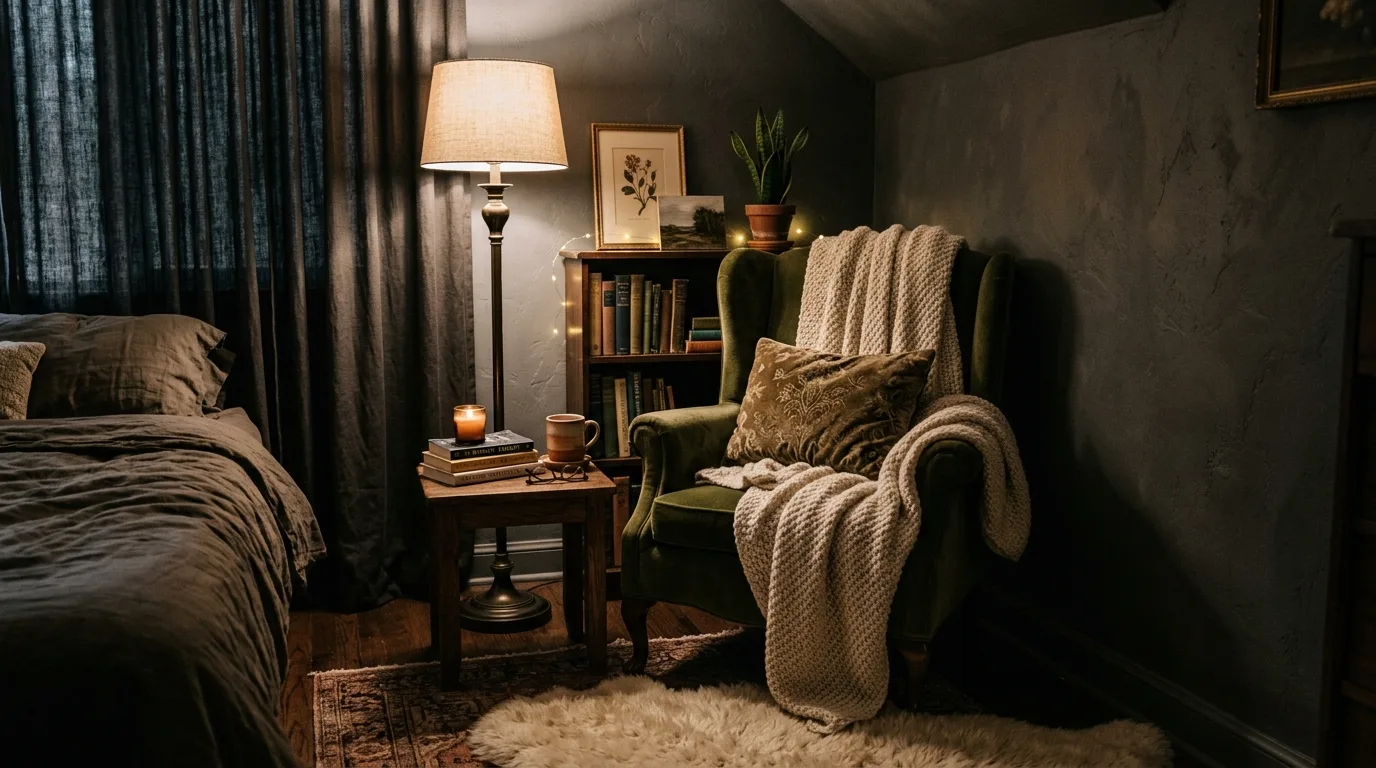 Let metal finishes catch the light in smaller moments inspiration for a moody bedroom.